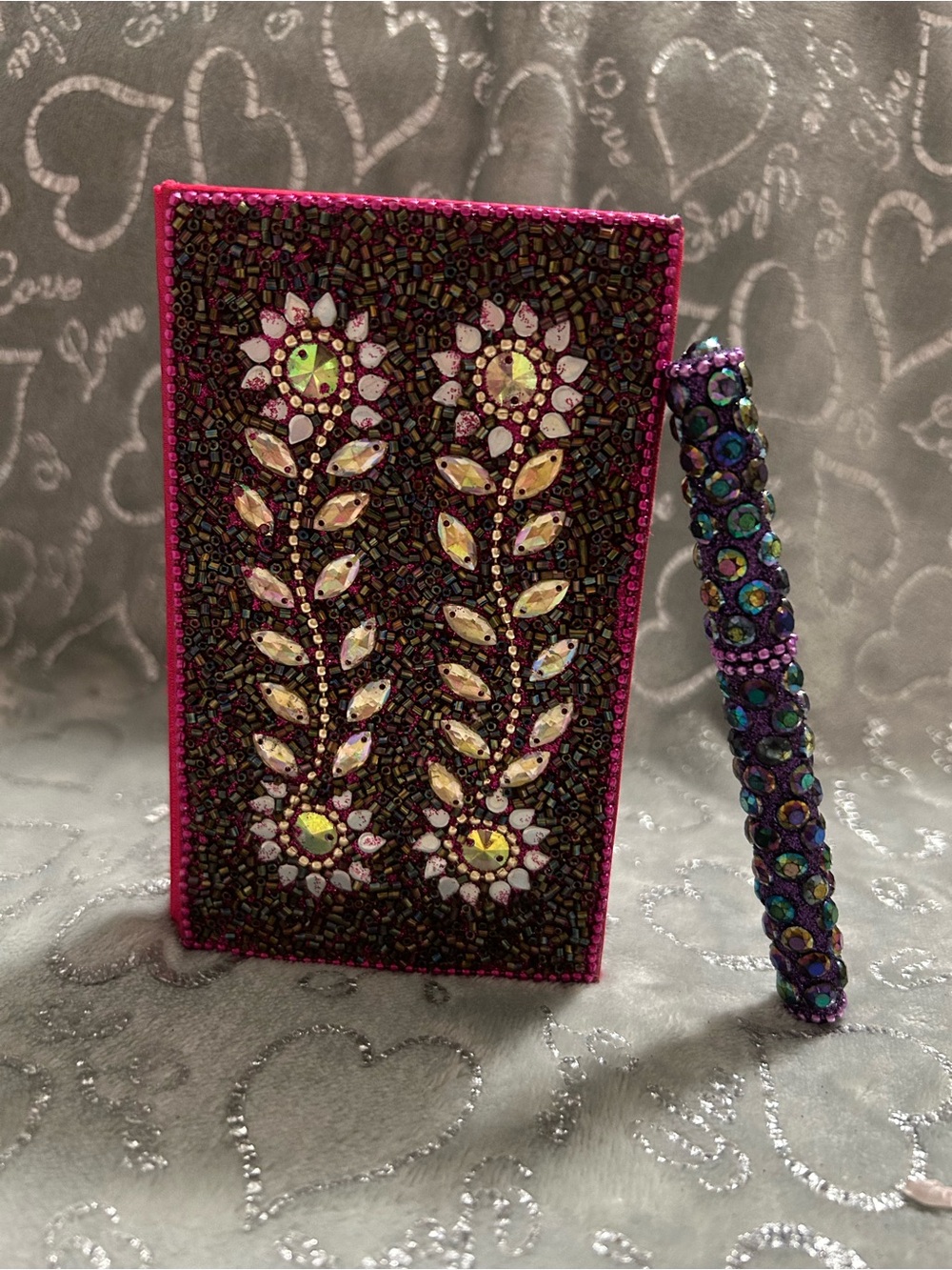 NEW Hand-Embellished Pink Beaded Compact Mini-Notebook and Jeweled Pen Set